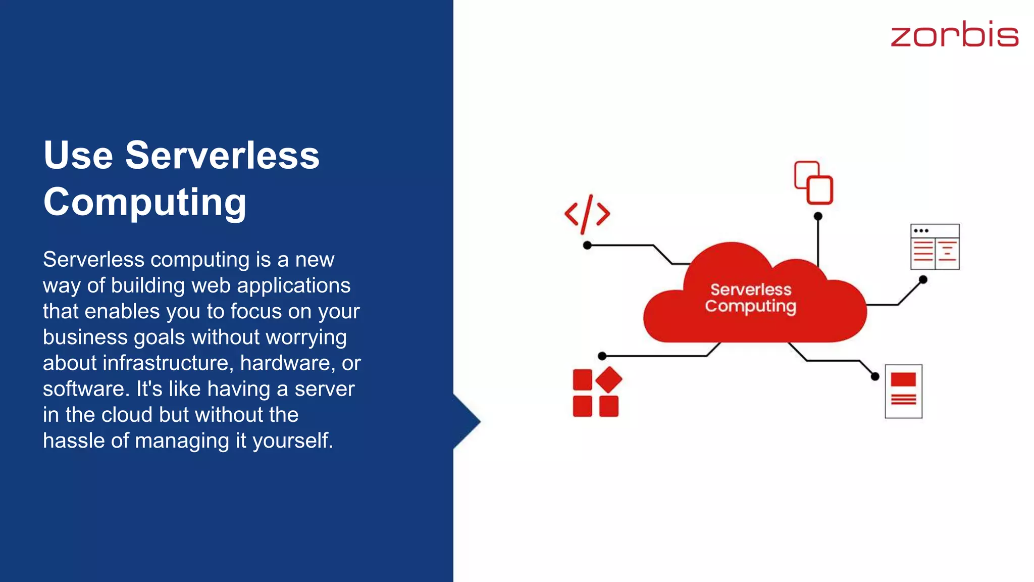 Serverless computing is a new
way of building web applications
that enables you to focus on your
business goals without worrying
about infrastructure, hardware, or
software. It's like having a server
in the cloud but without the
hassle of managing it yourself.
Use Serverless
Computing
 
