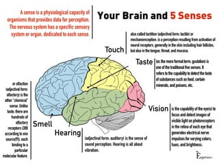 Your Brain and 5 Senses
Touch
Taste
Vision
Hearing
Smell
A sense is a physiological capacity of
organisms that provides da...