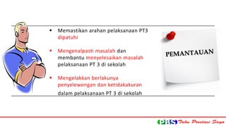  Memastikan arahan pelaksanaan PT3 
dipatuhi 
 Mengenalpasti masalah dan 
membantu menyelesaikan masalah 
pelaksanaan PT 3 di sekolah 
 Mengelakkan berlakunya 
penyelewengan dan ketidakakuran 
dalam pelaksanaan PT 3 di sekolah 
 