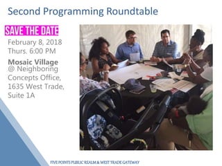FIVEPOINTSPUBLICREALM& WESTTRADEGATEWAY
Second Programming Roundtable
February 8, 2018
Thurs. 6:00 PM
Mosaic Village
@ Neighboring
Concepts Office,
1635 West Trade,
Suite 1A
 