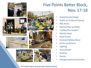 FIVEPOINTSPUBLICREALM& WESTTRADEGATEWAY
Five Points Better Block,
Nov. 17-18
• Amphitheater/Stage
• Public art (culture/history)
• Bike Racks
• Market/Pop-up Shops
• “Coffee/Tea Garden”
• Market Kiosk
• Food Trucks
• Festival/Holiday Décor
• Iconic Landmarks
• Lighting
• Trees/Shade
• Seating
• Games
• Intergenerational Activities
 