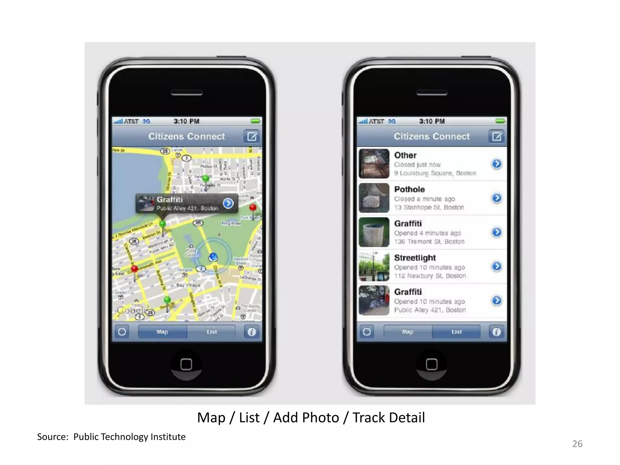 Map / List / Add Photo / Track Detail
Source: Public Technology Institute
                                                                              26
 