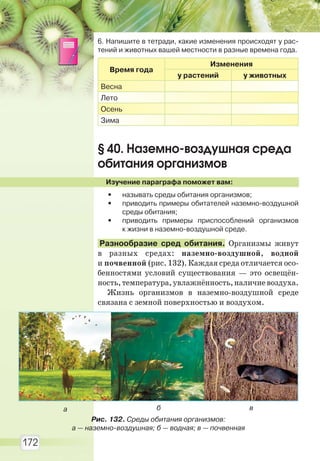 172
6. Напишите в тетради, какие изменения происходят у рас-
тений и животных вашей местности в разные времена года.
Время года
Изменения
у растений у животных
Весна
Лето
Осень
Зима
§ 40. Наземно-воздушная среда
обитания организмов
Изучение параграфа поможет вам:
• называть среды обитания организмов;
• приводить примеры обитателей наземно-воздушной
среды обитания;
• приводить примеры приспособлений организмов
к жизни в наземно-воздушной среде.
Разнообразие сред обитания. Организмы живут
в разных средах: наземно-воздушной, водной
и почвенной (рис. 132). Каждая среда отличается осо-
бенностями условий существования — это освещён-
ность,температура,увлажнённость,наличиевоздуха.
Жизнь организмов в наземно-воздушной среде
связана с земной поверхностью и воздухом.
Рис. 132. Среды обитания организмов:
а — наземно-воздушная; б — водная; в — почвенная
а б в
Право для безоплатного розміщення підручника в мережі Інтернет має
Міністерство освіти і науки України http://mon.gov.ua/ та Інститут модернізації змісту освіти https://imzo.gov.ua
 