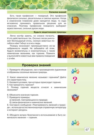 67
Копилка знаний
Есть такая профессия — пожарный. Это профессия
физически сильных, решительных и смелых мужчин. Когда
в охваченном пламенем доме находятся люди, то надо
мгновенно принимать правильное решение для их
спасения. Поэтому профессию пожарного выбирают
мужественные, сильные духом люди.
Будьте защитниками природы
Легко костёр зажечь, но сложно погасить.
И это действительно так. Сколько лесов уничто-
жил беспощадный огонь, сколько животных по-
гибло в нём! Гибнут в огне и люди.
Пожары возникают преимуществено из-за
небрежности людей. Не забывайте об этом,
будьте внимательны и осмотрительны с таким
химическим явлением, как горение. Помните
и выполняйте известные вам правила поведения
с огнём.
1. Проведите обсуждение, как в произведениях художников
отображены сезонные явления природы.
2. Какое химическое явление называют горением? Дайте
его характеристику.
3. Назовите условия, при которых происходит горение.
4. Как прекратить горение?
5. Почему горение веществ относят к химическим
явлениям?
6. Объясните значение горения.
7. Приведите примеры:
а) явлений, повторяющихся в природе;
б) связи физических и химических явлений.
8. Составьте сообщение «Повторяемость явлений в приро-
де», используя естественнонаучную справочную литературу
и интернет-ресурсы.
9. Обсудите вопрос безопасного использования в быту хи-
мического явления — горения.
Проверка знаний
Право для безоплатного розміщення підручника в мережі Інтернет має
Міністерство освіти і науки України http://mon.gov.ua/ та Інститут модернізації змісту освіти https://imzo.gov.ua
 