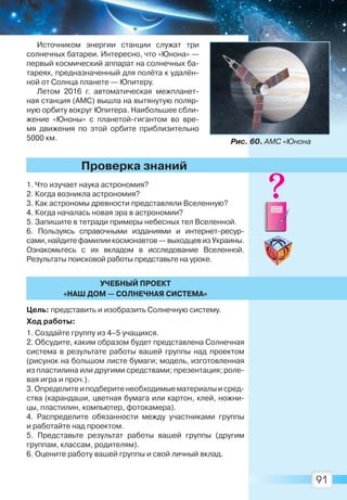 91
Источником энергии станции служат три
солнечных батареи. Интересно, что «Юнона» —
первый космический аппарат на солнечных ба-
тареях, предназначенный для полёта к удалён-
ной от Солнца планете — Юпитеру.
Летом 2016 г. автоматическая межпланет-
ная станция (АМС) вышла на вытянутую поляр-
ную орбиту вокруг Юпитера. Наибольшее сбли-
жение «Юноны» с планетой-гигантом во вре-
мя движения по этой орбите приблизительно
5000 км.
1. Что изучает наука астрономия?
2. Когда возникла астрономия?
3. Как астрономы древности представляли Вселенную?
4. Когда началась новая эра в астрономии?
5. Запишите в тетради примеры небесных тел Вселенной.
6. Пользуясь справочными изданиями и интернет-ресур-
сами, найдите фамилии космонавтов — выходцев из Украины.
Ознакомьтесь с их вкладом в исследование Вселенной.
Результаты поисковой работы представьте на уроке.
УЧЕБНЫЙ ПРОЕКТ
«НАШ ДОМ — СОЛНЕЧНАЯ СИСТЕМА»
Цель: представить и изобразить Солнечную систему.
Ход работы:
1. Создайте группу из 4–5 учащихся.
2. Обсудите, каким образом будет представлена Солнечная
система в результате работы вашей группы над проектом
(рисунок на большом листе бумаги; модель, изготовленная
из пластилина или другими средствами; презентация; роле-
вая игра и проч.).
3. Определите и подберите необходимые материалы и сред-
ства (карандаши, цветная бумага или картон, клей, ножни-
цы, пластилин, компьютер, фотокамера).
4. Распределите обязанности между участниками группы
и работайте над проектом.
5. Представьте результат работы вашей группы (другим
группам, классам, родителям).
6. Оцените работу вашей группы и свой личный вклад.
Проверка знаний
Рис. 60. АМС «Юнона
Право для безоплатного розміщення підручника в мережі Інтернет має
Міністерство освіти і науки України http://mon.gov.ua/ та Інститут модернізації змісту освіти https://imzo.gov.ua
 