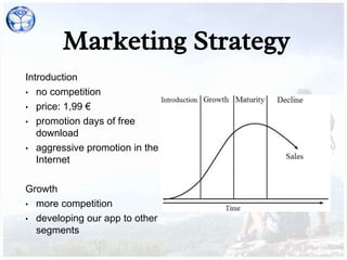 Marketing Strategy
Introduction
• no competition
• price: 1,99 €
• promotion days of free
download
• aggressive promotion in the
Internet
Growth
• more competition
• developing our app to other
segments
 