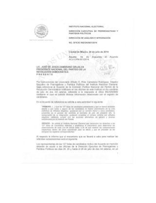 Respuesta del INE al acuerdo de Comisión Política Nacional identificado con el alfanumérico ACU-CPN-021/2014