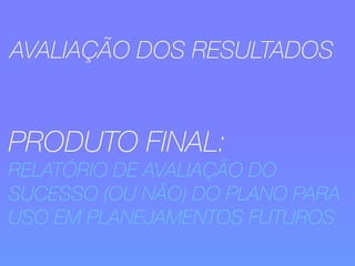 AVALIAÇÃO DOS RESULTADOS 
PRODUTO FINAL: 
RELATÓRIO DE AVALIAÇÃO DO 
SUCESSO (OU NÃO) DO PLANO PARA 
USO EM PLANEJAMENTOS FUTUROS 
 