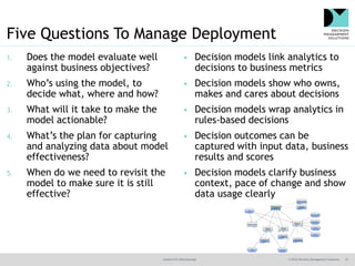 @jamet123 #decisionmgt © 2016 Decision Management Solutions 27
Five Questions To Manage Deployment
1. Does the model evalu...