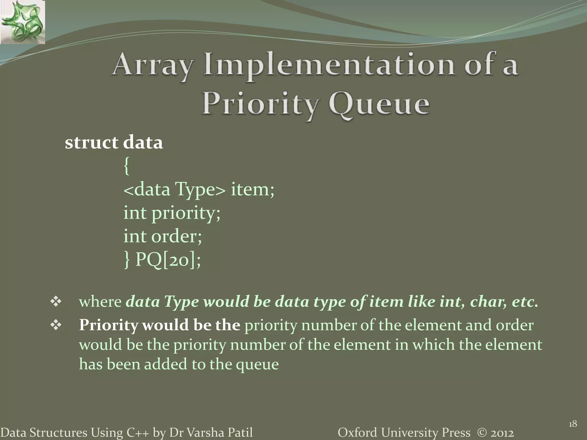 Oxford University Press © 2012Data Structures Using C++ by Dr Varsha Patil
 where data Type would be data type of item like int, char, etc.
 Priority would be the priority number of the element and order
would be the priority number of the element in which the element
has been added to the queue
18
struct data
{
<data Type> item;
int priority;
int order;
} PQ[20];
 