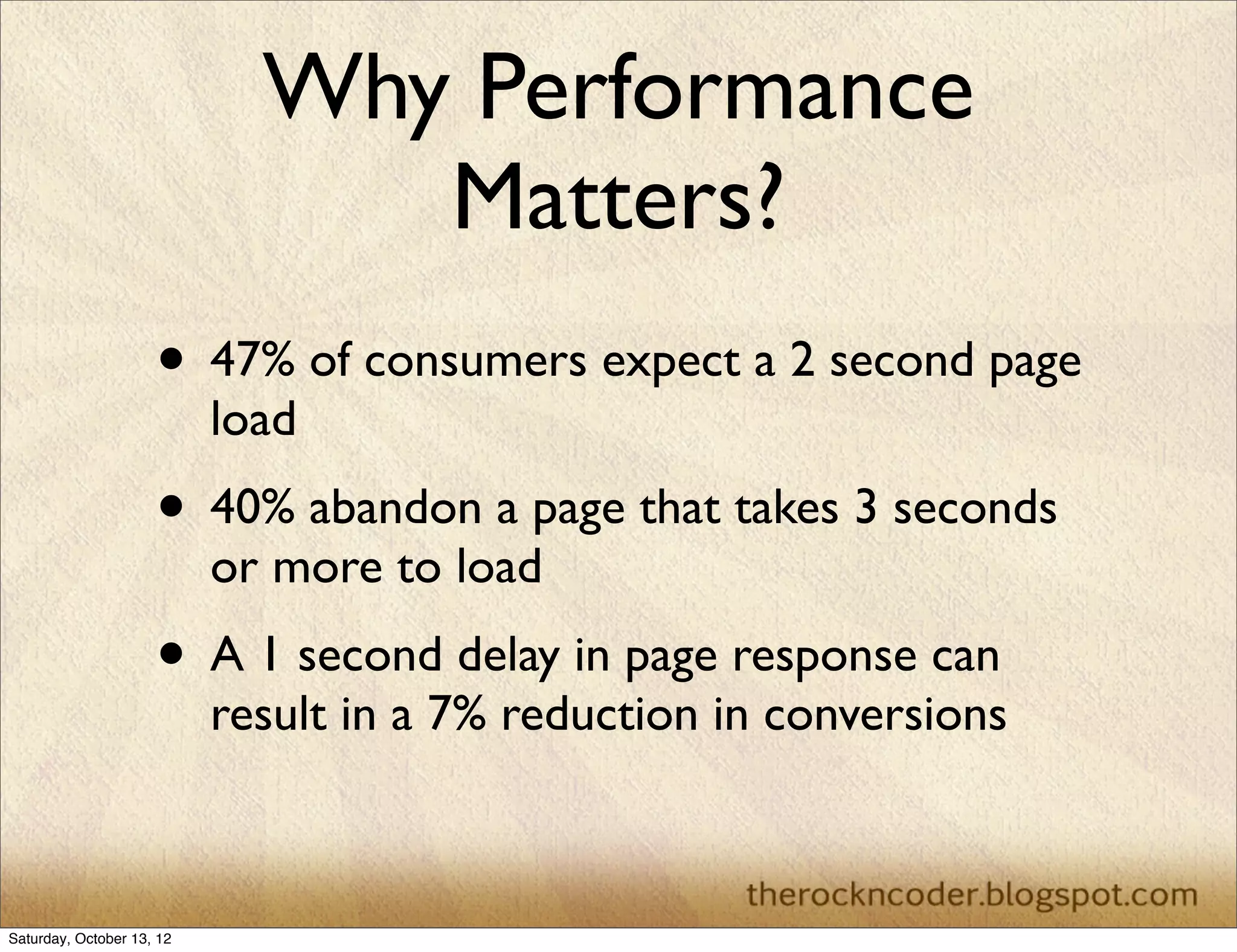 We should forget about small efﬁciencies, say
about 97% of the time: premature optimization
is the root of all evil.Yet we should not pass up
our opportunities in that critical 3%.
D. Knuth

 