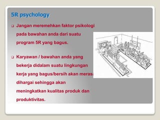 5R psychology
 Jangan meremehkan faktor psikologi
pada bawahan anda dari suatu
program 5R yang bagus.
 Karyawan / bawahan anda yang
bekerja didalam suatu lingkungan
kerja yang bagus/bersih akan merasa
dihargai sehingga akan
meningkatkan kualitas produk dan
produktivitas.
 