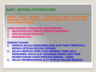 RAPI : SEITON (SYSTEMATISE)
SUSUN SEMUA BARANG / PERALATAN YANG DIPERLUKAN
SEHINGGA DAPAT DILIHAT DENGAN MUDAH OLEH SIAPA SAJA
YANG MEMBUTUHKAN
SUSUN BARANG /PERALATAN DIANTARANYA:
1. MENYUSUN ALAT SESUAI DENGAN FUNGSINYA
2. URUTAN BESAR KECILNYA
3. WARNANYA DLL.
DENGAN TUJUAN :
1. PEKERJA SELALU MENGEMBALIKAN ALAT PADA TEMPATNYA
SEMULA SETELAH SELESAI DIPAKAI.
2. SELALU MENGISI FORM ATAU MEMBERI TANDA BILA
MENGAMBIL SUATU ALAT SEHINGGA ORANG LAIN YANG
MEMBUTUHKAN TIDAK MENCARI KEMANA – MANA
3. SELALU MEMBERSIHKAN ALAT SETELAH SELESAI BEKERJA
 