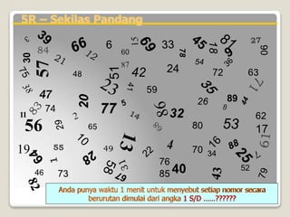 11
47
56
19
30
57
77
78
89
52
Anda punya waktu 1 menit untuk menyebut setiap nomor secara
berurutan dimulai dari angka 1 S/D ……??????
5R – Sekilas Pandang
 