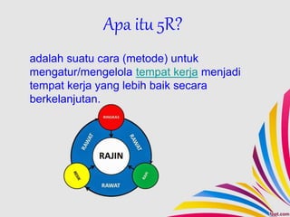 Apa itu 5R?
adalah suatu cara (metode) untuk
mengatur/mengelola tempat kerja menjadi
tempat kerja yang lebih baik secara
berkelanjutan.
 