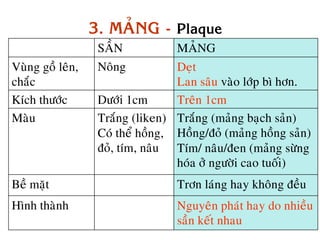 3. MAÛNG - Plaque
                   SAÀN            MAÛNG
Vuøng goà leân,    Noâng           Deït
chaéc                              Lan saâu vaøo lôùp bì hôn.
Kích thöôùc        Döôùi 1cm       Treân 1cm
Maøu               Traéng (liken) Traéng (maûng baïch saûn)
                   Coù theå hoàng, Hoàng/ñoû (maûng hoàng saûn)
                   ñoû, tím, naâu Tím/ naâu/ñen (maûng söøng
                                   hoùa ôû ngöôøi cao tuoái)
Beà maët                           Trôn laùng hay khoâng ñeàu
Hình thaønh                        Nguyeân phaùt hay do nhieàu
                                   saàn keát nhau
 