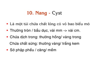 10. Nang - Cyst

 Laø moät tuùi chöùa chaát loûng coù voû bao bieåu moâ
 Thöôøng troøn / baàu duïc, vaøi mm -> vaøi cm.
 Chöùa dòch trong: thöôøng hoàng/ vaøng trong
  Chöùa chaát söøng: thöôøng vaøng/ traéng kem
 Sôø phaäp pheàu / caêng/ meàm
 