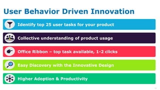 26
User Behavior Driven Innovation
Identify top 25 user tasks for your product
Collective understanding of product usage
Office Ribbon – top task available, 1-2 clicks
Easy Discovery with the Innovative Design
Higher Adoption & Productivity
 
