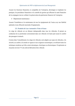 Optimisation du WIP et déploiement du Lean Management
Page 11
Assurer les fonctions financières et comptables de l’entreprise, développer et implanter les
pratiques, les procédures financières et le contrôle de gestion qui affectent la santé financière
de la compagnie tout en veillant à la préservation du patrimoine financier de l’entreprise.
➢ Département maintenance :
Assurer l’installation et la maintenance de tous les équipements de l’usine avec une fiabilité
optimale et une efficacité maximale d’équipements.
2.5. Produits de Lear Automotive Trim et Foam :
Le siège de véhicule est un élément indispensable dans tous les véhicules. Il permet au
conducteur de se positionner correctement dans son véhicule et d’autre part assure le confort
des passagers éventuels.
Comme dans l’ameublement, les sièges de véhicules sont adaptés aux types de véhicules, à la
sécurité, au confort, à la mode en vigueur et aux exigences économiques, en utilisant toutes les
techniques modernes qu’elles soient mécaniques, électriques ou électroniques. Il représente en
moyenne environ 5 % du coût de fabrication d'un véhicule.
 