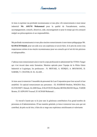 Remerciements
IV
Je tiens à exprimer ma profonde reconnaissance et mes plus vifs remerciements à mon tuteur
industriel Mr. AOUNI Mohammed pour la qualité de l'encadrement, soutien,
accompagnement, conseils, directives, aide, encouragement et pour le temps qui m'a consacré
malgré ses préoccupations et ses responsabilités.
Ma profonde reconnaissance et mes plus sincères remerciements à mon tuteur pédagogique Mr.
KAMACH Oulaid, pour son aide avec son expérience et savoir-faire. Je le prie de croire à ma
respectueuse estime et ma sincère reconnaissance pour ses conseils qui m’ont été très précieux
et indispensables.
J’adresse mon remerciement ainsi à tout le corps professoral et administratif de l’ENSA Tanger
qui s’est investi dans notre formation. Mention spéciale pour l’équipe de la filière Génie
Industriel et Logistique, les professeurs : N. MOTAKI, A. SEDQUI, A. BOUMANE, D.
SARSRI, Y. CHATER, R. EL ALAIJI…
Je tiens aussi à remercier l’ensemble du personnel de Lear Corporation pour leur accueil et leur
amabilité. Un spécial remerciement aux personnes : EL HADDAD Ibrahim, MAGHA Ilias,
ELYOUSSFY Ahmed, ALAMI Omar, El KAYOUES Rachid, BENSLIMANE Hayat, TAHER
Ikrame, El ADNANI Youssef, El ACHAB Mohamed…
Ce travail n’aurait pas vu le jour sans la généreuse contribution d’un grand nombre de
personnes et d’administrations. D’une manière générale, je tiens à remercier tous ceux qui ont
contribué, de près ou de loin, à faire de ce stage une expérience enrichissante et valorisante
 