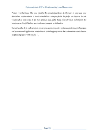Optimisation du WIP et déploiement du Lean Management
Page 26
Project (voir la figure 14), pour planifier les principales tâches à effectuer, et ainsi que pour
déterminer objectivement la durée corrélative à chaque phase du projet en fonction de son
volume et de son poids. Il est bien entendu que, cette durée pouvait varier en fonction des
imprévus ou des difficultés rencontrées au cours de la réalisation.
Durant le délai de la réalisation du projet nous avons rencontré certaines contraintes influençant
sur le respect et l’application immédiate du planning programmé. De ce fait nous avons élaboré
un planning réel (voir l’annexe 1).
 