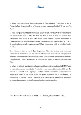 Résumé
V
Le présent rapport présente le fruit de mon projet de fin d’études qui s’est déroulé au sein de
l’entreprise Lear Corporation Trim de Tanger et pendant une durée allant du 19 février jusqu’au
19 juin.
Le projet avait pour objectif en premier lieu la réduction de la valeur du WIP (Work in process)
des empiècements PS3 de 30%. En deuxième lieu la mise en place du chantier Lean
Management, en se servant de l'outil VSM (Value Stream Mapping). Ensuite l’amélioration du
Taux de Rendement Synthétique (TRS) dans le parc machine Trim 3 à un objectif de 75%. En
fin une réimplantation de la zone de stockage PS3 par des structures qui favorisent l’application
du FIFO.
Notre intégration dans la société Lear Corporation Trim a été au cœur des thématiques
d’amélioration continue au sein du département logistique ainsi que dans le département
ingénierie. Proprement dit ce projet s’inscrit dans le cadre de Lean Management, qui a pour but
d’identifier et d’éliminer toutes sortes de gaspillage qui jalonnent la chaîne logistique Lear
Trim.
Le présent travail a été réalisé en trois phases essentielles en suivant la démarche DMAIC, dans
un premier temps, nous avons étudié l’existant à travers une modélisation des différents flux
circulant au sein de la chaîne logistique Lear Trim1-Trim3. Ensuite nous avons effectué une
analyse pour identifier les causes racines des pertes engendrées par le sur-stockage, les
manutentions et le temps d'attente. Finalement, nous avons proposé des solutions pour pallier
au manque à gagner en présentant les gains dégagés pour chaque action.
Mots clés : WIP, Lean Management, VSM, TRS, chaîne logistique, DMAIC, FIFO…
 