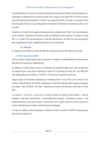 Optimisation du WIP et déploiement du Lean Management
Page 35
L'immobilisation a un coût. Les coûts de stockage élevés sont ainsi la bête noire des logisticiens.
Cependant, la diminution du niveau de stock est un risque car le stock PS3 est là pour assurer
le bon déroulement de production "couture" sans rupture de stock. Un stock a ses raisons d’être
dans la Supply Chain et il serait dangereux d’en ignorer les bénéfices en prenant un stock nul à
tout prix.
Toutefois un travail sur les approvisionnements des empiècements Trim1 (Lot de production,
lot de transfert, fréquence de livraison, délai de fabrication) peut diminue la valeur du stock
PS3. A ce stade il ne faut pas ignorer la fonction planification, en effet une mauvaise gestion
peut engendrer des stocks supplémentaires plus que le nécessaire.
5.3. Objectif
La finalité est de réduire la valeur du WIP des empiècements, de 30% dans la zone PS3.
6. Choix du projet pilote
Afin de choisir le projet pilote, nous avons pris en compte les immobilisations financières qui
découlent du stockage de chaque projet.
Le tableau se trouvant dans l’annexe 2 représente les premières lignes de la base de données
sur laquelle nous avons fait le calcul de la valeur de l’inventaire du stock PS3. Les WIP PS3
sont représentés par la location « T3SFGL » (Trim3 Semi Finished Good Line).
Chaque ligne de l’inventaire représente un emballage dans le stock PS3 (voir l’annexe 2), la
colonne « Qty On Hand - Inv Detail » représente le nombre de référence dans chaque packaging,
la colonne « Qty On Hand - Inv Mstr » représente le nombre de référence totale dans le stock
PS3.
La colonne « Unit Cost » est le prix de revient unitaire de l'article (coût d'achat + coût de
transport + coût de la main-d'œuvre + coût de fabrication (coupe) + coût de loyer surface + coût
d'immobilisation), alors que la valeur « Tot Invoice Cost » égale au prix de revient unitaire de
l'article multiplié par le nombre d'articles dans le packaging.
A l’aide du tableau croisé dynamique on obtient la valeur en dollar du WIP de chaque projet
présenté par la figure 20.
 