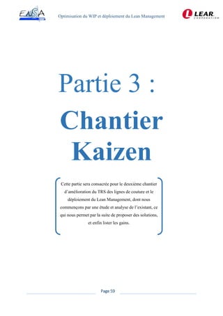 Optimisation du WIP et déploiement du Lean Management
Page 59
Chantier
Kaizen
Cette partie sera consacrée pour le deuxième chantier
d’amélioration du TRS des lignes de couture et le
déploiement du Lean Management, dont nous
commençons par une étude et analyse de l’existant, ce
qui nous permet par la suite de proposer des solutions,
et enfin lister les gains.
 