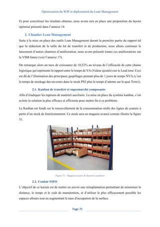 Optimisation du WIP et déploiement du Lean Management
Page 75
Et pour concrétiser les résultats obtenus, nous avons mis en place une proposition du layout
optimisé présenté dans l’annexe 14.
2. Chantier Lean Management
Suite à la mise en place des outils Lean Management durant la première partie du rapport tel
que la réduction de la taille du lot de transfert et de production, nous allons continuer le
lancement d’autres chantiers d’amélioration, nous avons présenté toutes ces améliorations sur
la VSM future (voir l’annexe 17).
On remarque alors un taux de croissance de 10,52% au niveau de l’efficacité de cette chaine
logistique qui représente le rapport entre le temps de VA (Valeur ajoutée) sur le Lead time. Ceci
est dû de l’élimination des principaux gaspillages prenant plus de 1 jours de temps NVA (c’est
le temps de stockage des en-cours dans le stock PS3 plus le temps d’attente sur le quai Trim1).
2.1. Kanban de transfert et supermarché composants
Afin d’éradiquer les ruptures de matériel auxiliaire. La mise en place du système kanban, s’est
avérée la solution la plus efficace et efficiente pour mettre fin à ce problème.
Le Kanban est fondé sur le renouvellement de la consommation réelle des lignes de couture à
partir d’un stock de fonctionnement. Ce stock sera un magasin avancé comme illustre la figure
51.
Figure 51 : Magasin avancé de matériel auxiliaire
2.2. Couloir FIFO
L’objectif de ce kaizen est de mettre en œuvre une réimplantation permettant de minimiser la
distance, le temps et le coût de manutention, et d’utiliser le plus efficacement possible les
espaces alloués tout en augmentant le taux d'occupation de la surface.
 