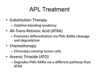 APL Treatment
• Substitution Therapy
– Stabilize bleeding tendency
• All-Trans-Retinoic Acid (ATRA)
– Promotes differentiation via PML-RARα cleavage
and degradation
• Chemotherapy
– Eliminates existing tumor cells
• Arsenic Trioxide (ATO)
– Degrades PML-RARα via a different pathway than
ATRA
 