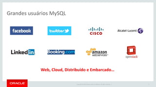 Copyright © 2015 Oracle and/or its affiliates. All rights reserved. |
Grandes usuários MySQL
3
Web, Cloud, Distribuído e Embarcado…
 