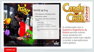 Copyright © 2015 Oracle and/or its affiliates. All rights reserved. | Oracle Confidential – Internal/Restricted/Highly Restricted 35
A colaboração com o
Suporte e Engenharia da
Oracle permite colocar
novos produtos em
produção muito mais rápido
e escalar a operação para
níveis globais.
 