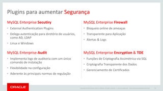 Copyright © 2015 Oracle and/or its affiliates. All rights reserved. |
MySQL Enterprise Secutiry
• External Authentication Plugins
• Delega autenticação para diretório de usuários,
como AD, LDAP
• Linux e Windows
MySQL Enterprise Firewall
• Bloqueio online de ameaças
• Transparente para Aplicação
• Alertas & Logs
Oracle Confidential – Internal/Restricted/Highly Restricted 52
MySQL Enterprise Audit
• Implementa logs de auditoria com um único
comando de instalação
• Flexibilidade na configuração
• Aderente às principais normas de regulação
MySQL Enterprise Encryption & TDE
• Funções de Criptografia Assimétrica via SQL
• Criptografia Transparente dos Dados
• Gerenciamento de Certificados
Plugins para aumentar Segurança
 