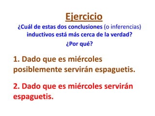 Ejercicio
 ¿Cuál de estas dos conclusiones (o inferencias)
    inductivos está más cerca de la verdad?
                   ¿Por qué?

1. Dado que es miércoles
posiblemente servirán espaguetis.
2. Dado que es miércoles servirán
espaguetis.
 