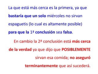 La que está más cerca es la primera, ya que
bastaría que un solo miércoles no sirvan
espaguetis (lo cual es altamente posible)
para que la 1ª conclusión sea falsa.

   En cambio la 2ª conclusión está más cerca
de la verdad ya que dijo que POSIBLEMENTE
              sirvan esa comida; no aseguró
         terminantemente que así sucederá.
 