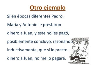 Otro ejemplo
Si en épocas diferentes Pedro,
María y Antonio le prestaron
dinero a Juan, y este no les pagó,
posiblemente concluyo, razonando
inductivamente, que si le presto
dinero a Juan, no me lo pagará.
 