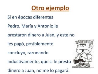 Otro ejemplo
Si en épocas diferentes
Pedro, María y Antonio le
prestaron dinero a Juan, y este no
les pagó, posiblemente
concluyo, razonando
inductivamente, que si le presto
dinero a Juan, no me lo pagará.
 
