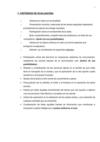 7- CRITERIOS DE EVALUACIÓN:
o Asistencia a clase con puntualidad.
o Presentación correcta y adecuada de las tareas asignadas respetando
puntualmente los plazos de entrega marcados.
o Participación activa en el desarrollo de la clase.
o Buen comportamiento y respeto hacia los profesores y el resto de sus
compañeros. (dentro de sus posibilidades)
o Interés por la mejora continua en cada uno de los aspectos que
configuran la asignatura.
o Además se considerarán las siguientes actitudes:
• Participación activa del alumno/a en situaciones colectivas de comunicación,
respetando las normas básicas de la comunicación oral. (dentro de sus
posibilidades).
• Respeto y consideración de las opiniones ajenas en el sentido de que nadie
tiene el monopolio de la verdad y que la apreciación de la otra opinión puede
ayudarnos a enriquecer la propia.
• Aprecio de la lectura como fuente de conocimiento y placer.
• Preocupación por la claridad, el orden y la limpieza en la exposición de textos
escritos.
• Interés por todas aquellas herramientas del idioma que nos ayudan a obtener
una comunicación más efectiva y completa con los demás.
• Actitud de superación en la realización de los propios textos, y por extensión de
cualquier actividad que se emprenda.
• Consideración de todas aquellas fuentes de información que contribuyan a
enriquecer nuestra inteligencia y nuestra actitud en el aula.
1
 