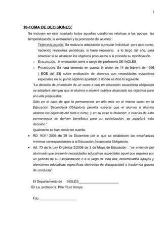 10-TOMA DE DECISIONES:
Se incluyen en este apartado todas aquellas cuestiones relativas a los apoyos, las
temporalización, la evaluación y la promoción del alumno:
TEMPORALIZACIÓN: Se realiza la adaptación curricular individual para este curso,
haciendo revisiones periódicas, si fuera necesario, a lo largo del año, para
observar si se alcanzan los objetivos propuestos o si procede su modificación.
o EVALUACIÓN: la evaluación corre a cargo del profesor/a DE INGLÉS
o PROMOCIÓN: Se hará teniendo en cuenta la orden de 14 de febrero de 1996
( BOE del 23) sobre evaluación de alumnos con necesidades educativas
especiales en su punto séptimo apartado 2 donde se dice lo siguiente:
“La decisión de promoción de un curso a otro en educación secundaria obligatoria
se adoptará siempre que el alumno o alumna hubiera alcanzado los objetivos para
él o ella propuestos.
Sólo en el caso de que la permanencia un año más en el mismo curso en la
Educación Secundaria Obligatoria permita esperar que el alumno o alumna
alcance los objetivos del ciclo o curso, y en su caso la titulación, o cuando de esta
permanencia se deriven beneficios para su socialización, se adoptará esta
decisión.”
Igualmente se han tenido en cuenta:
• RD 1631/ 2006 de 29 de Diciembre por el que se establecen las enseñanzas
mínimas correspondientes a la Educación Secundaria Obligatoria.
• Art. 73 de la Ley Orgánica 2/2006 de 3 de Mayo de Educación : “se entiende por
alumnado que presenta necesidades educativas especiales aquel que requiera por
un periodo de su escolarización o a lo largo de toda ella, determinados apoyos y
atenciones educativas específicas derivadas de discapacidad o trastornos graves
de conducta”.
El Departamento de INGLÉS______________________
El/ La profesor/a: Pilar Ruiz Arroyo
Fdo: ____________________
1
 