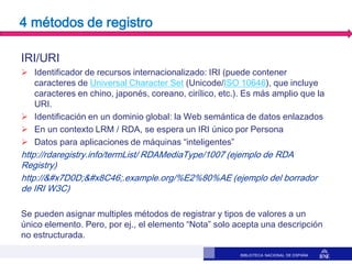 BIBLIOTECA NACIONAL DE ESPAÑA
4 métodos de registro
IRI/URI
 Identificador de recursos internacionalizado: IRI (puede con...