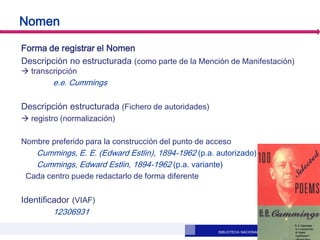 BIBLIOTECA NACIONAL DE ESPAÑA
Nomen
Forma de registrar el Nomen
Descripción no estructurada (como parte de la Mención de M...