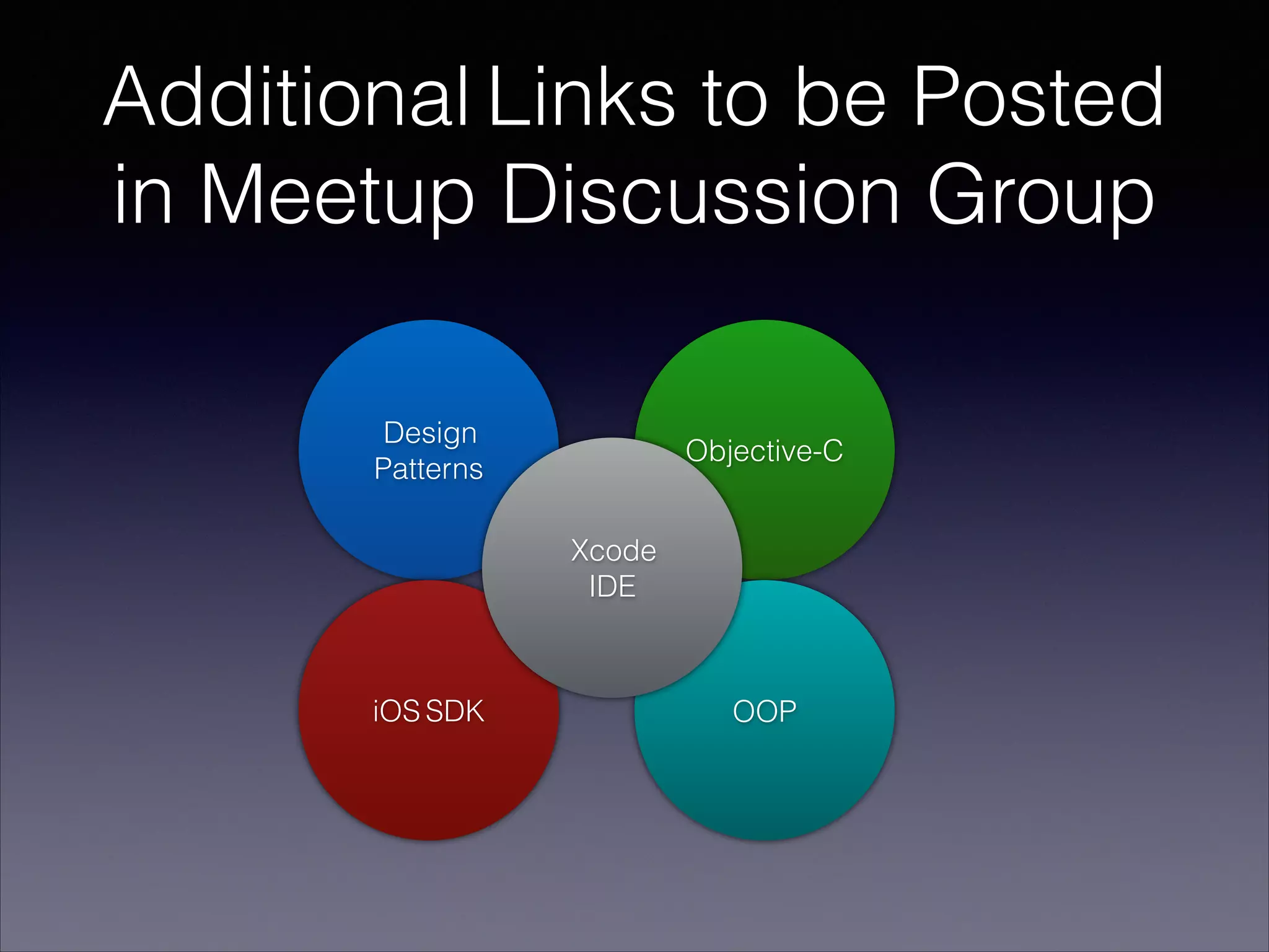 Additional Links to be Posted
in Meetup Discussion Group
Design
Patterns

Objective-C
Xcode
IDE

iOS SDK

OOP

 