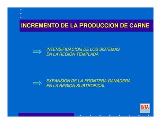 INCREMENTO DE LA PRODUCCION DE CARNE
INTENSIFICACIÓN DE LOS SISTEMAS
EN LA REGIÓN TEMPLADA
EXPANSION DE LA FRONTERA GANADERA
EN LA REGION SUBTROPICAL
 
