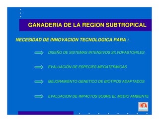 GANADERIA DE LA REGION SUBTROPICAL
DISEÑO DE SISTEMAS INTENSIVOS SILVOPASTORILES
EVALUACION DE IMPACTOS SOBRE EL MEDIO AMBIENTE
MEJORAMIENTO GENETICO DE BIOTIPOS ADAPTADOS
EVALUACIÓN DE ESPECIES MEGATERMICAS
NECESIDAD DE INNOVACION TECNOLOGICA PARA :
 