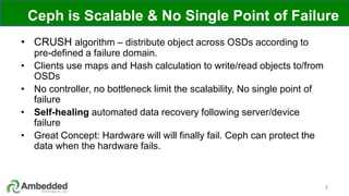 Ceph is Scalable & No Single Point of Failure
• CRUSH algorithm – distribute object across OSDs according to
pre-defined a failure domain.
• Clients use maps and Hash calculation to write/read objects to/from
OSDs
• No controller, no bottleneck limit the scalability, No single point of
failure
• Self-healing automated data recovery following server/device
failure
• Great Concept: Hardware will will finally fail. Ceph can protect the
data when the hardware fails.
2
 