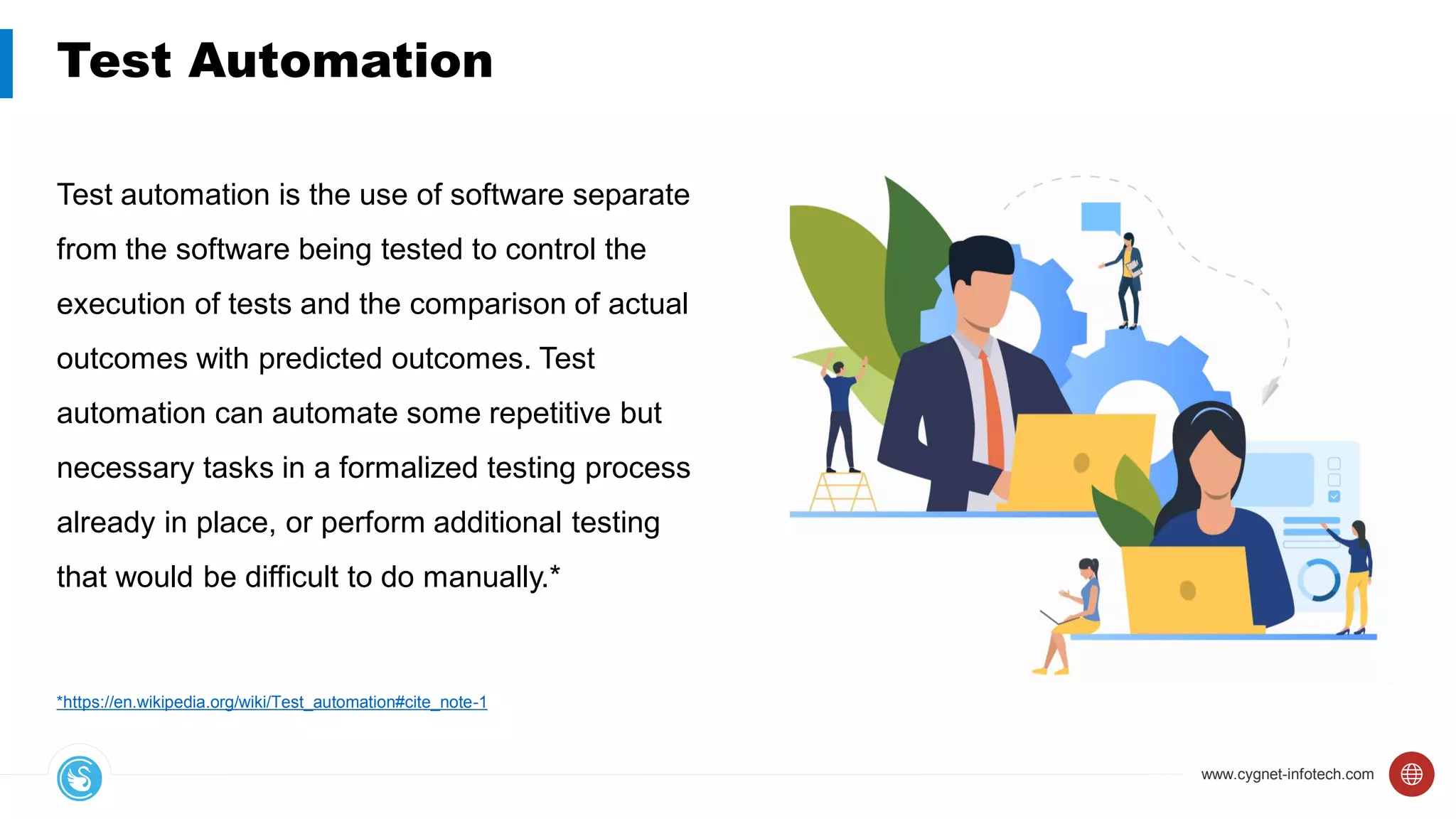 www.cygnet-infotech.com
Test Automation
Test automation is the use of software separate
from the software being tested to control the
execution of tests and the comparison of actual
outcomes with predicted outcomes. Test
automation can automate some repetitive but
necessary tasks in a formalized testing process
already in place, or perform additional testing
that would be difficult to do manually.*
*https://en.wikipedia.org/wiki/Test_automation#cite_note-1
 