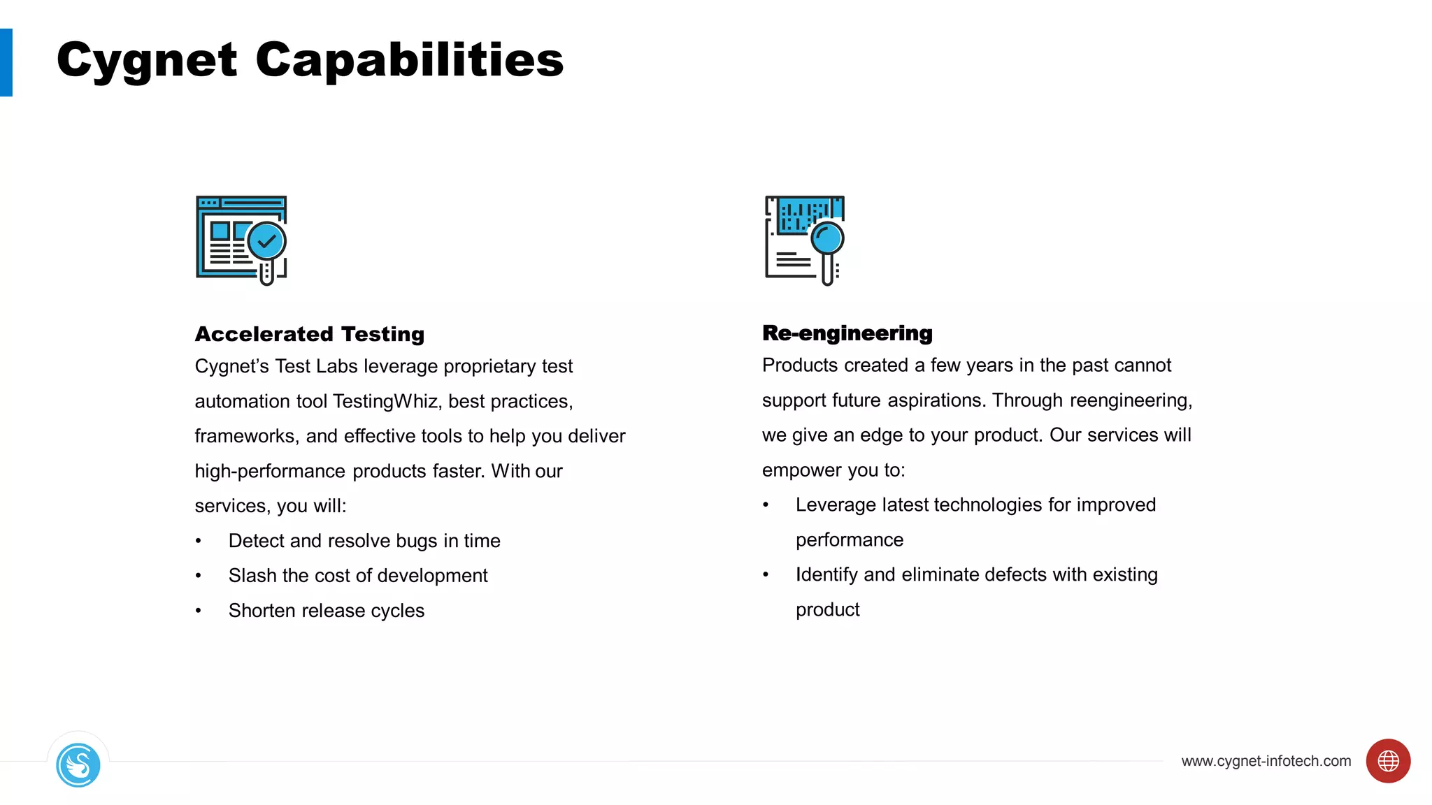 www.cygnet-infotech.com
Cygnet Capabilities
Accelerated Testing
Cygnet’s Test Labs leverage proprietary test
automation tool TestingWhiz, best practices,
frameworks, and effective tools to help you deliver
high-performance products faster. With our
services, you will:
• Detect and resolve bugs in time
• Slash the cost of development
• Shorten release cycles
Re-engineering
Products created a few years in the past cannot
support future aspirations. Through reengineering,
we give an edge to your product. Our services will
empower you to:
• Leverage latest technologies for improved
performance
• Identify and eliminate defects with existing
product
 