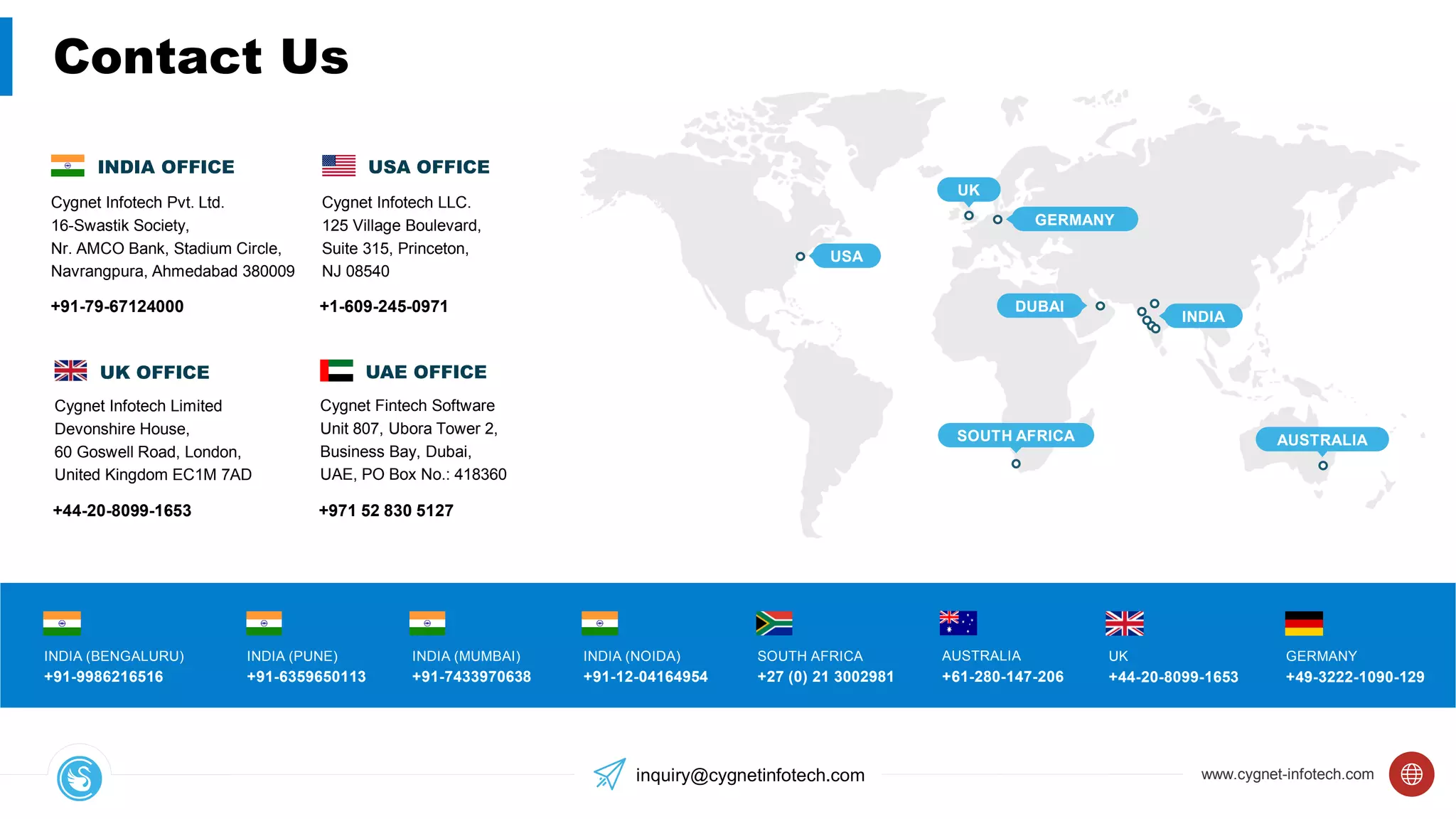 www.cygnet-infotech.com
USA
GERMANY
UK
SOUTH AFRICA
DUBAI
INDIA
AUSTRALIA
INDIA (PUNE)
+91-6359650113
INDIA (MUMBAI)
+91-7433970638
INDIA (NOIDA)
+91-12-04164954
SOUTH AFRICA
+27 (0) 21 3002981
AUSTRALIA
+61-280-147-206
UK
+44-20-8099-1653
GERMANY
+49-3222-1090-129
INDIA (BENGALURU)
+91-9986216516
INDIA OFFICE
Cygnet Infotech Pvt. Ltd.
16-Swastik Society,
Nr. AMCO Bank, Stadium Circle,
Navrangpura, Ahmedabad 380009
+91-79-67124000
UAE OFFICE
Cygnet Fintech Software
Unit 807, Ubora Tower 2,
Business Bay, Dubai,
UAE, PO Box No.: 418360
+971 52 830 5127
Cygnet Infotech Limited
Devonshire House,
60 Goswell Road, London,
United Kingdom EC1M 7AD
UK OFFICE
+44-20-8099-1653
Contact Us
inquiry@cygnetinfotech.com
USA OFFICE
Cygnet Infotech LLC.
125 Village Boulevard,
Suite 315, Princeton,
NJ 08540
+1-609-245-0971
 