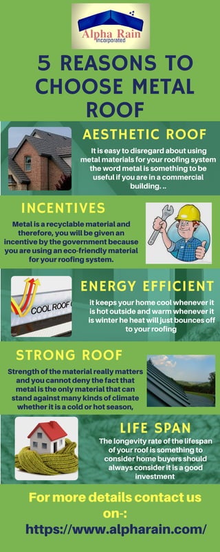 5 REASONS TO
CHOOSE METAL
ROOF
AESTHETIC ROOF
INCENTIVES
ENERGY EFFICIENT
STRONG ROOF
LIFE SPAN
It is easy to disregard about using
metal materials for your roofing system
the word metal is something to be
useful if you are in a commercial
building. ..
Metal is a recyclable material and
therefore, you will be given an
incentive by the government because
you are using an eco-friendly material
for your roofing system.
it keeps your home cool whenever it
is hot outside and warm whenever it
is winter he heat will just bounces off
to your roofing
Strength of the material really matters
and you cannot deny the fact that
metal is the only material that can
stand against many kinds of climate
whether it is a cold or hot season,
The longevity rate of the lifespan
of your roof is something to
consider home buyers should
always consider it is a good
investment
For more details contact us
on-:
https://www.alpharain.com/
 