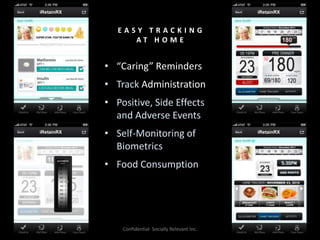 E A S Y T R A C K I N G
A T H O M E
• “Caring” Reminders
• Track Administration
• Positive, Side Effects
and Adverse Events
• Self-Monitoring of
Biometrics
• Food Consumption
Confidential- Socially Relevant Inc.
 